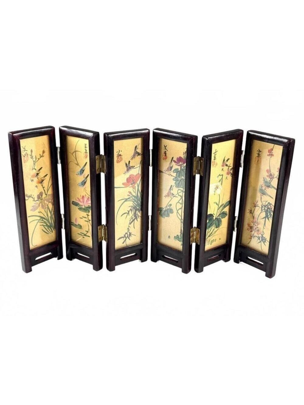 Vintage Mini Folding Screen Two-Sided China Silk Painting Birds Flowers Mountain - Picture 3 of 14
